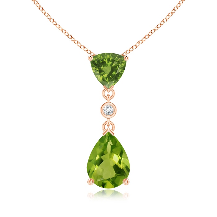 8x6mm AAAA Trillion and Pear Peridot Drop Pendant with Diamond in Rose Gold