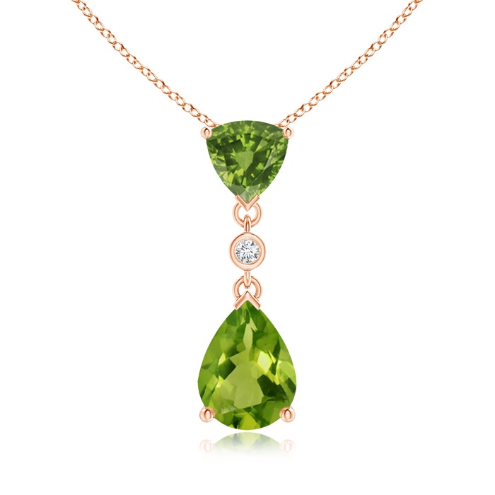 8x6mm AAAA Trillion and Pear Peridot Drop Pendant with Diamond in Rose Gold 