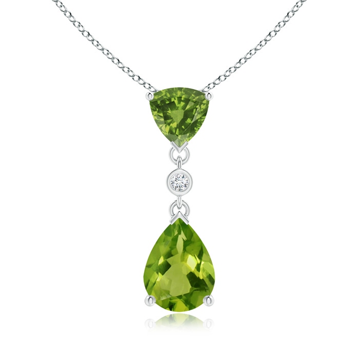 8x6mm AAAA Trillion and Pear Peridot Drop Pendant with Diamond in White Gold 