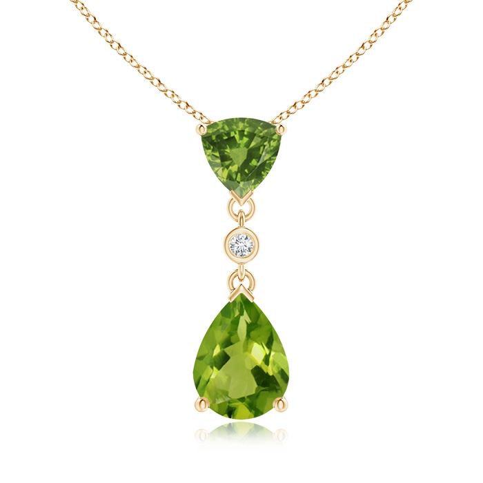 8x6mm AAAA Trillion and Pear Peridot Drop Pendant with Diamond in Yellow Gold