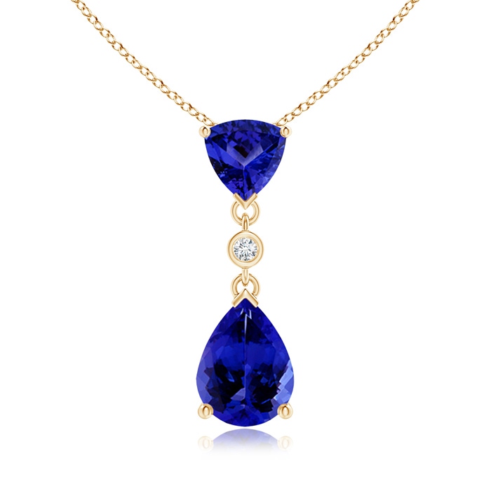 8x6mm AAAA Trillion and Pear Tanzanite Drop Pendant with Diamond in Yellow Gold