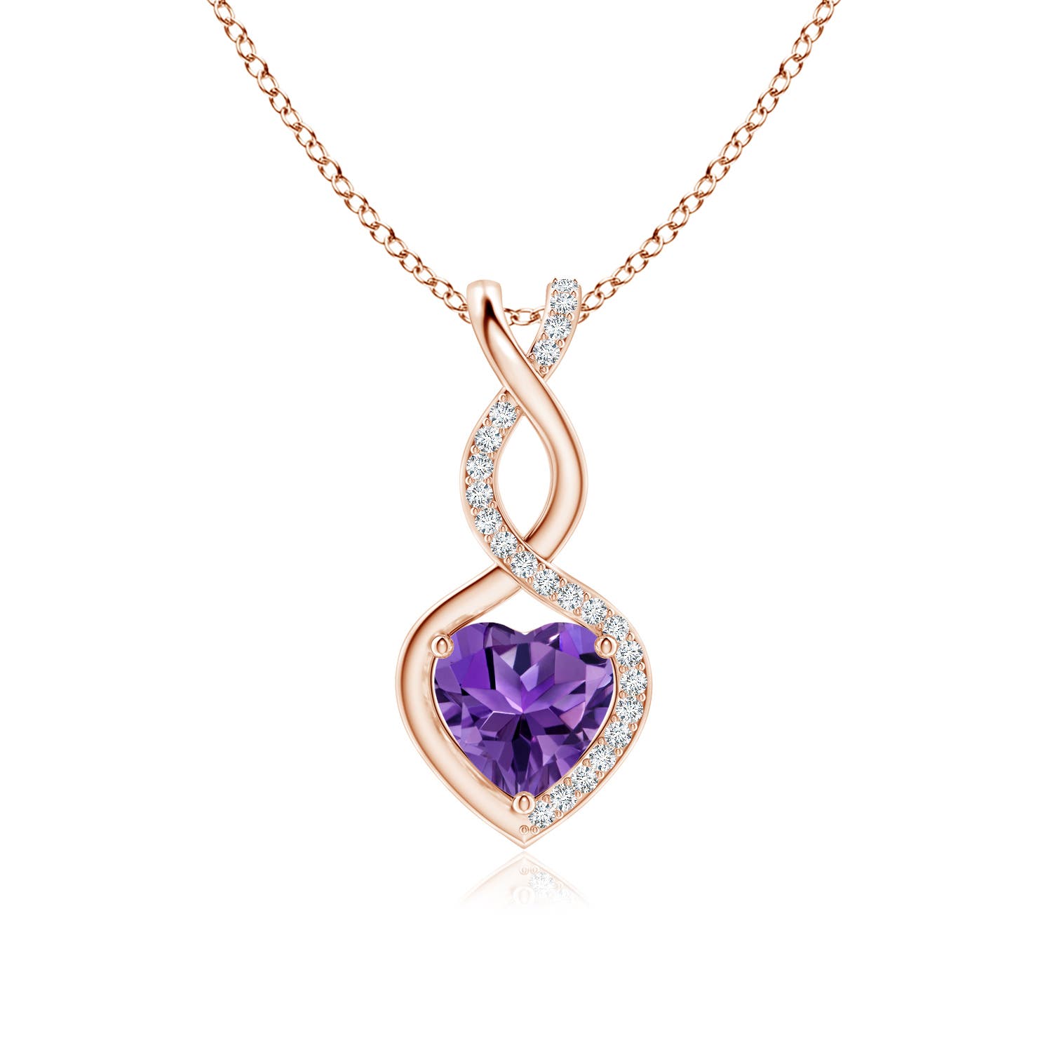 7mm AAAA Heart-Shaped Amethyst Infinity Pendant with Diamond Accents in Rose Gold