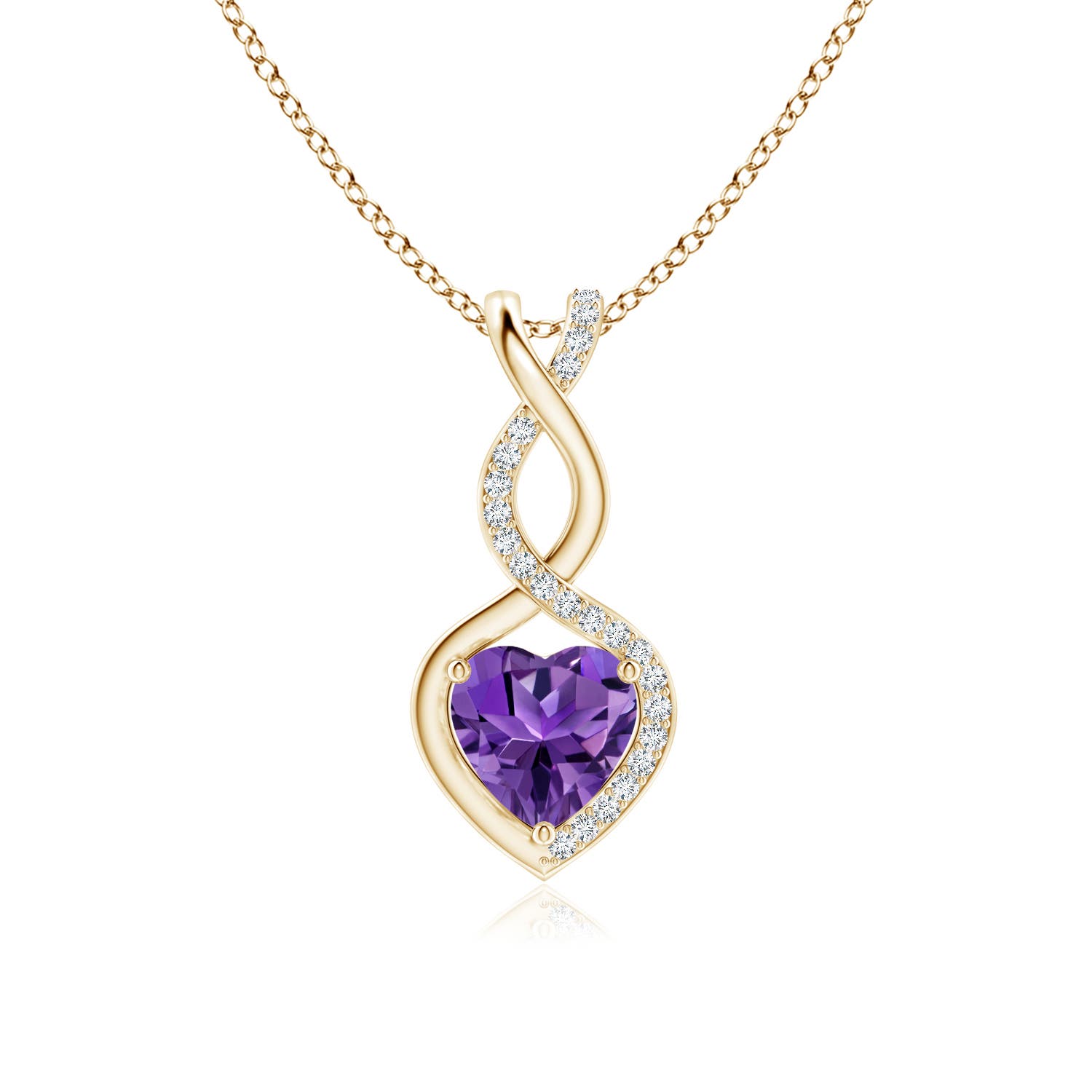 7mm AAAA Heart-Shaped Amethyst Infinity Pendant with Diamond Accents in Yellow Gold