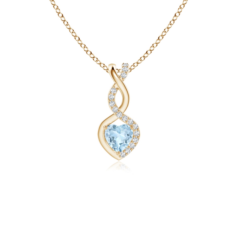4mm AA Heart-Shaped Aquamarine Infinity Pendant with Diamond Accents in Yellow Gold 