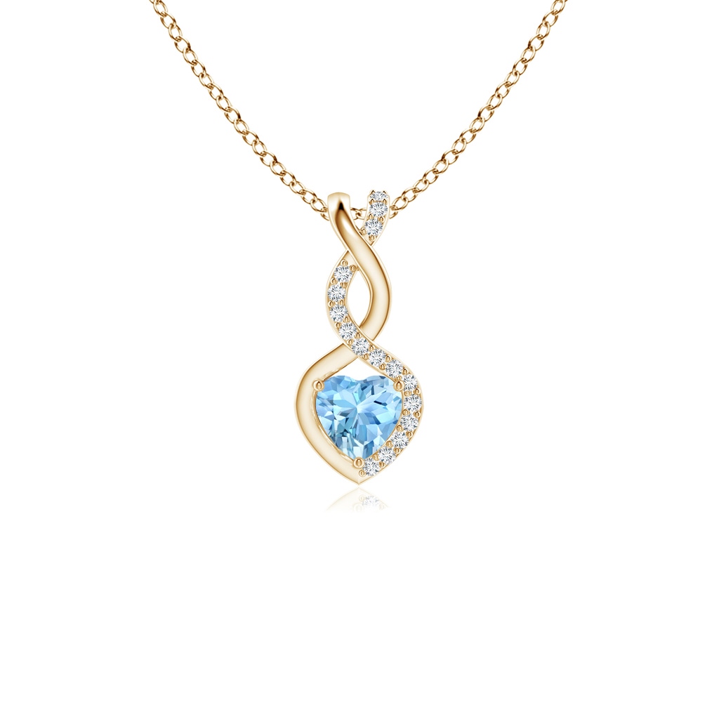 4mm AAAA Aquamarine Infinity Heart Pendant with Diamonds in Yellow Gold