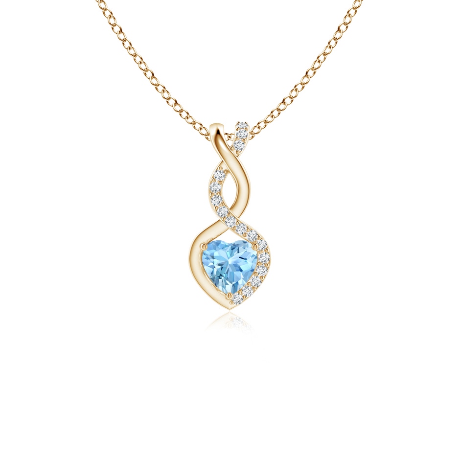 4mm AAAA Heart-Shaped Aquamarine Infinity Pendant with Diamond Accents in Yellow Gold 