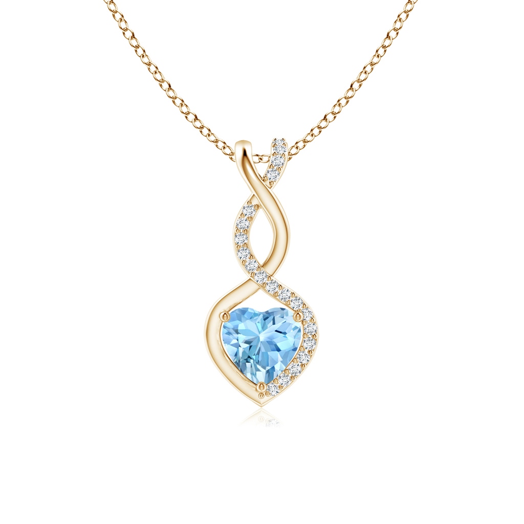 5mm AAAA Aquamarine Infinity Heart Pendant with Diamonds in Yellow Gold