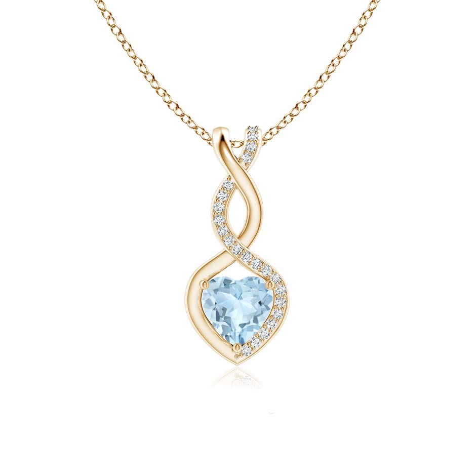 6mm AA Heart-Shaped Aquamarine Infinity Pendant with Diamond Accents in Yellow Gold 