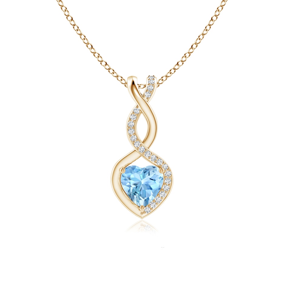 6mm AAAA Heart-Shaped Aquamarine Infinity Pendant with Diamond Accents in Yellow Gold 