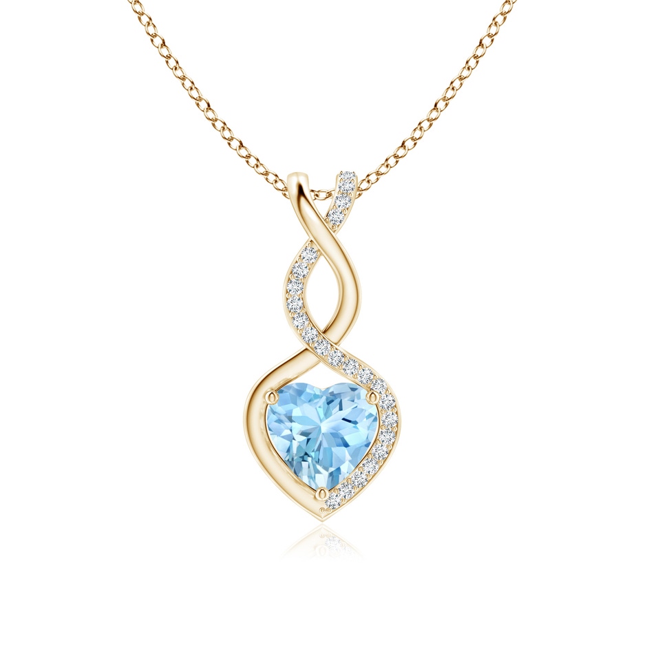 7mm AAAA Heart-Shaped Aquamarine Infinity Pendant with Diamond Accents in Yellow Gold 
