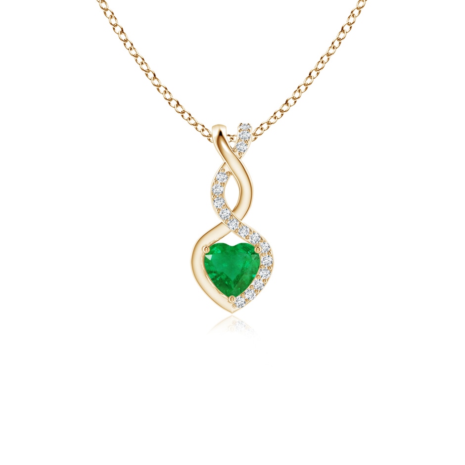 4mm AA Heart-Shaped Emerald Infinity Pendant with Diamond Accents in Yellow Gold 