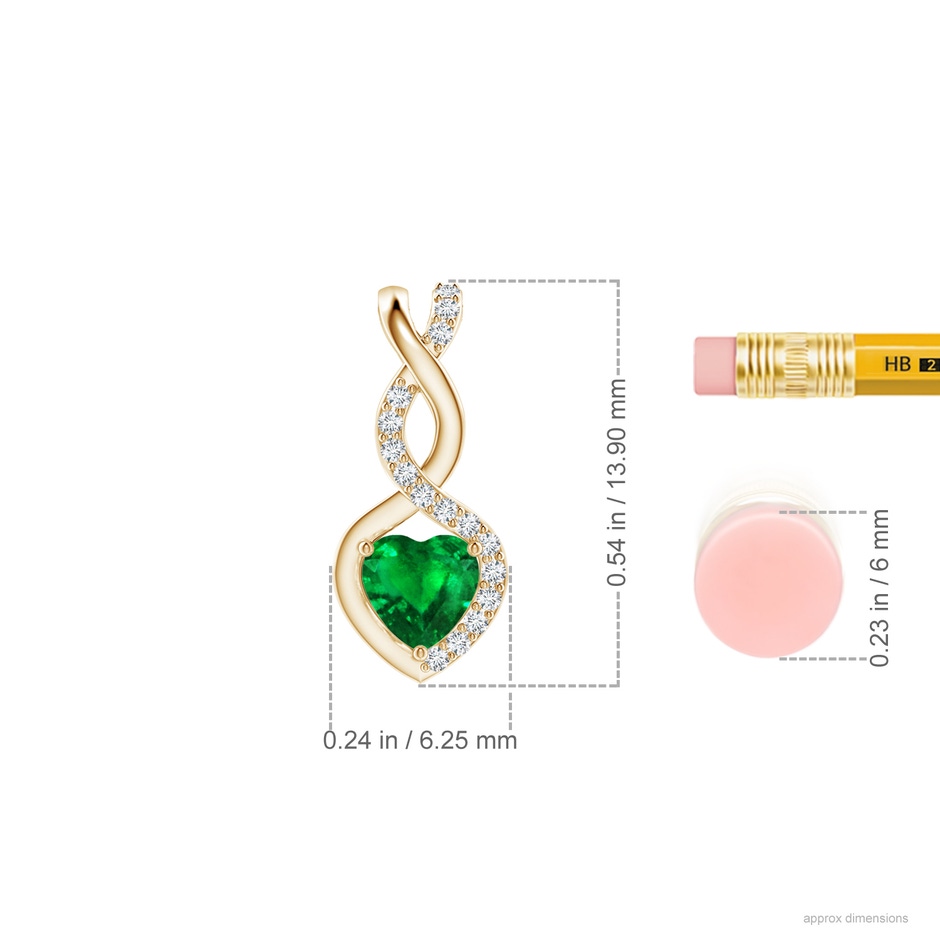 4mm AAAA Heart-Shaped Emerald Infinity Pendant with Diamond Accents in 9K Yellow Gold ruler