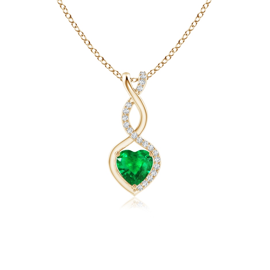 5mm AAA Heart-Shaped Emerald Infinity Pendant with Diamond Accents in Yellow Gold 