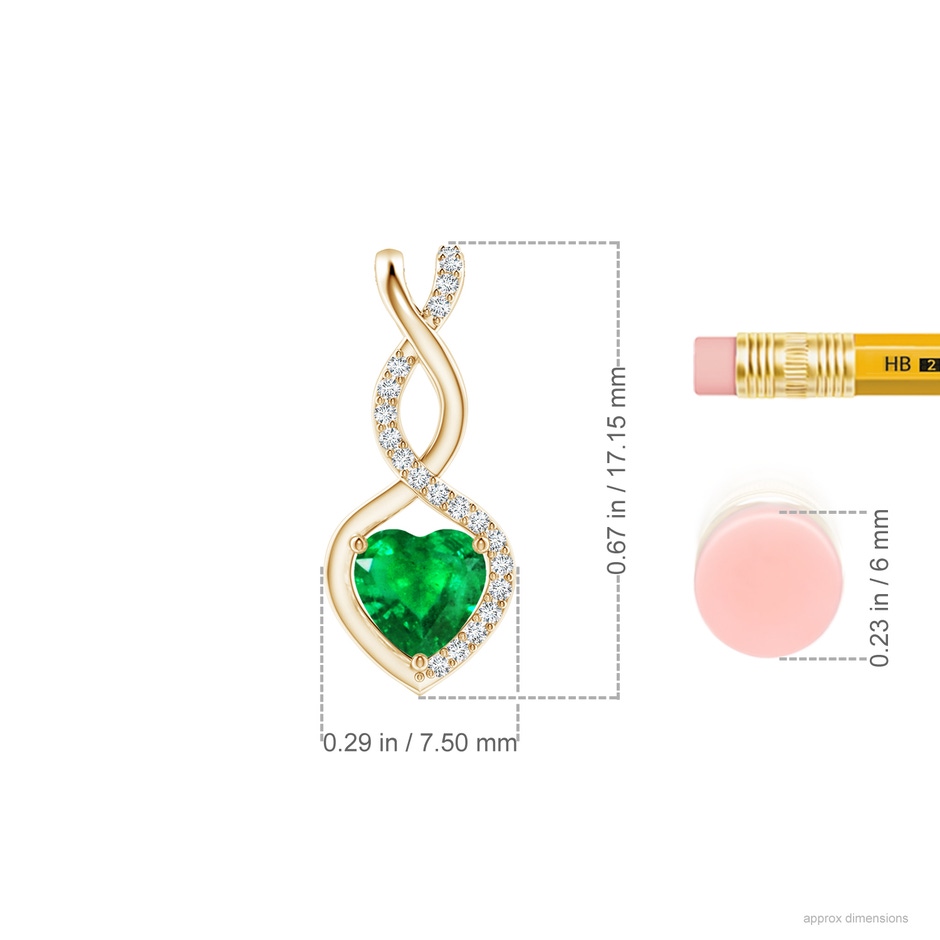 5mm AAA Heart-Shaped Emerald Infinity Pendant with Diamond Accents in Yellow Gold ruler