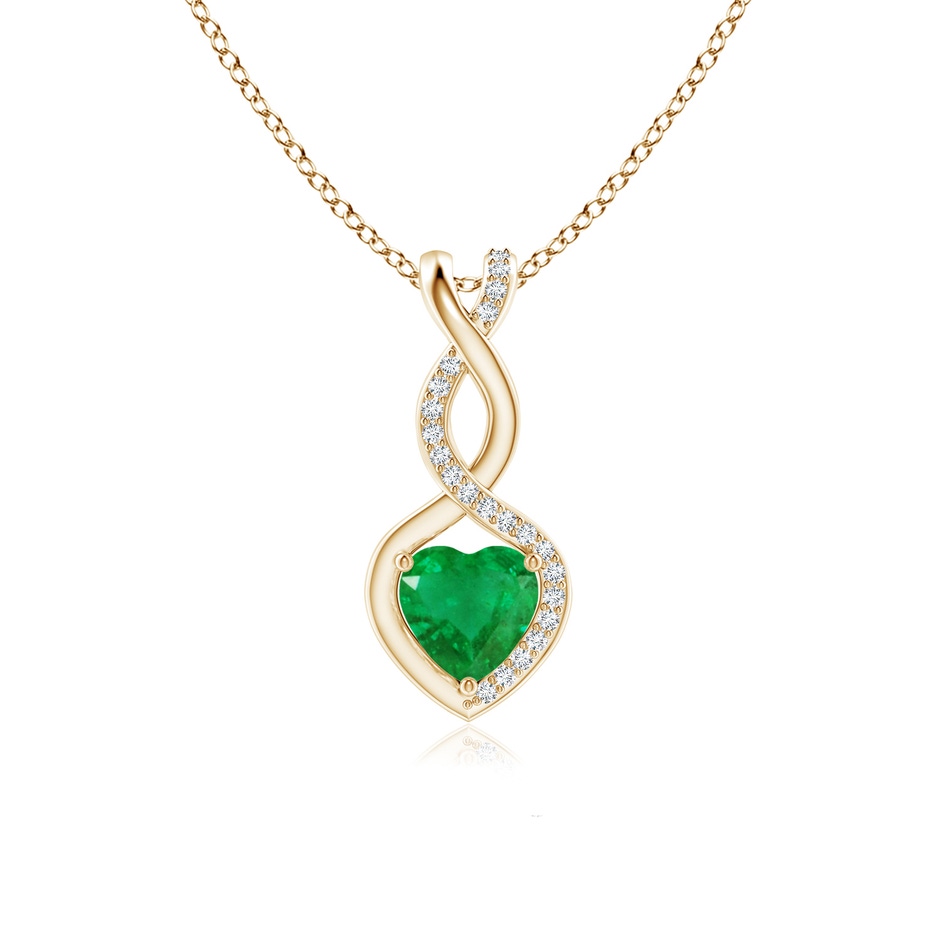 6mm AA Heart-Shaped Emerald Infinity Pendant with Diamond Accents in Yellow Gold 