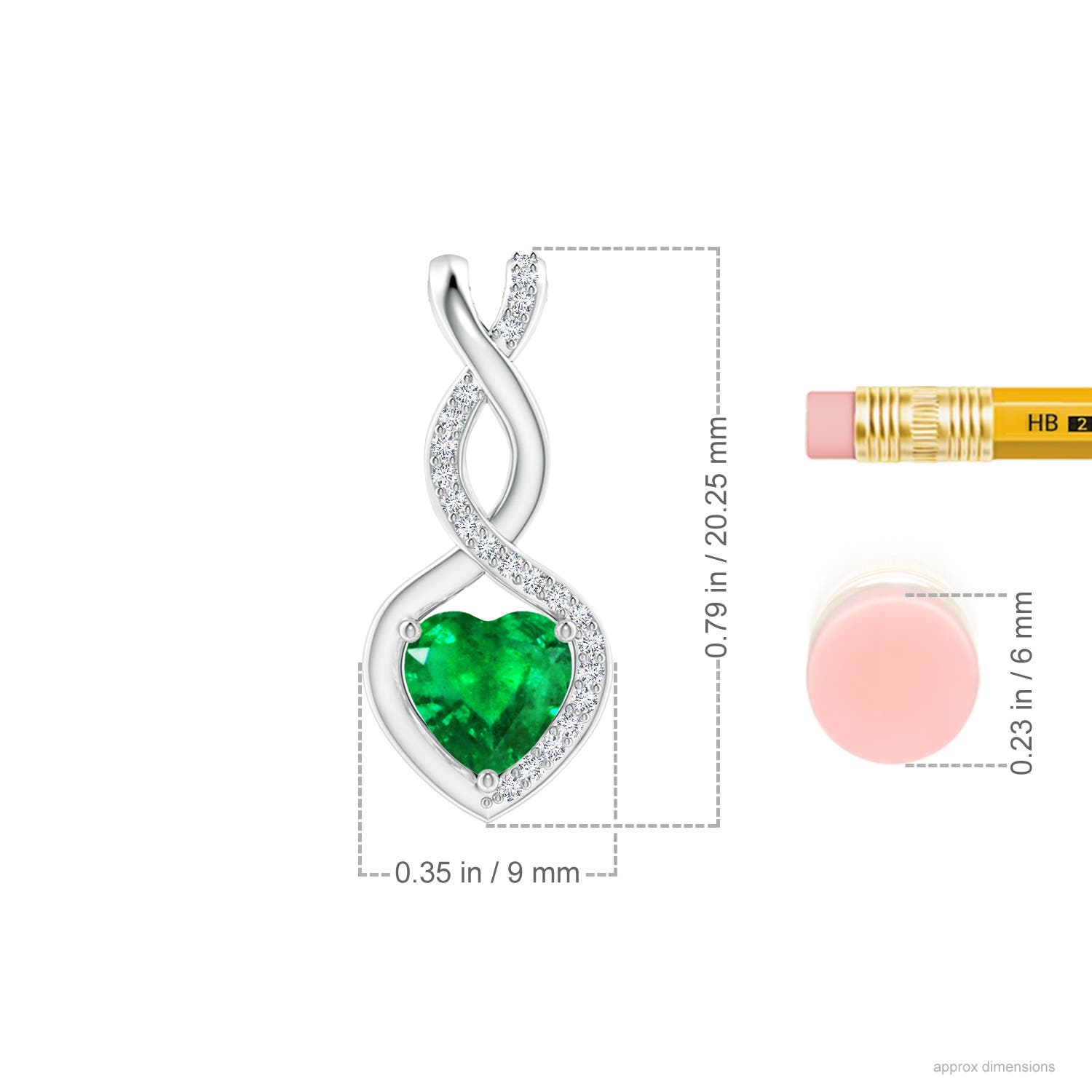 6mm AAA Heart-Shaped Emerald Infinity Pendant with Diamond Accents in White Gold - ruler