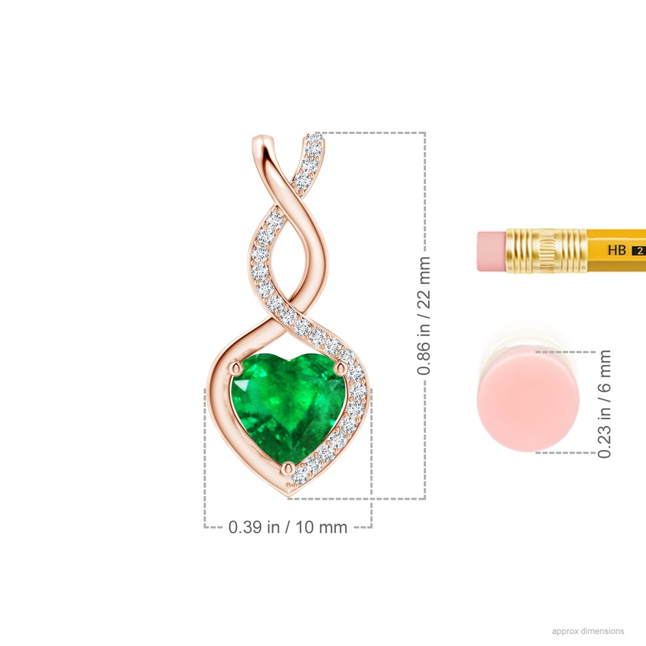 7mm AAA Heart-Shaped Emerald Infinity Pendant with Diamond Accents in 18K Rose Gold ruler