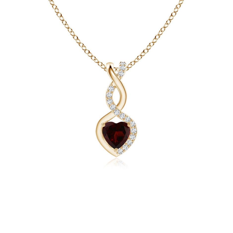 4mm A Heart-Shaped Garnet Infinity Pendant with Diamond Accents in Yellow Gold 