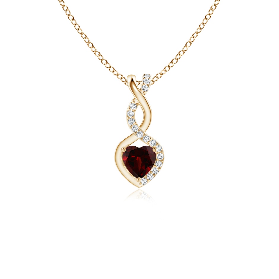 4mm AA Heart-Shaped Garnet Infinity Pendant with Diamond Accents in Yellow Gold 