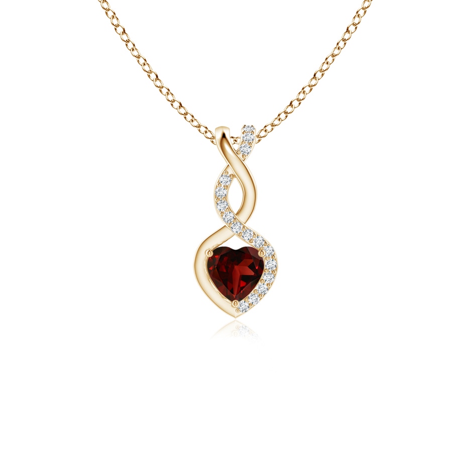 4mm AAA Heart-Shaped Garnet Infinity Pendant with Diamond Accents in Yellow Gold 