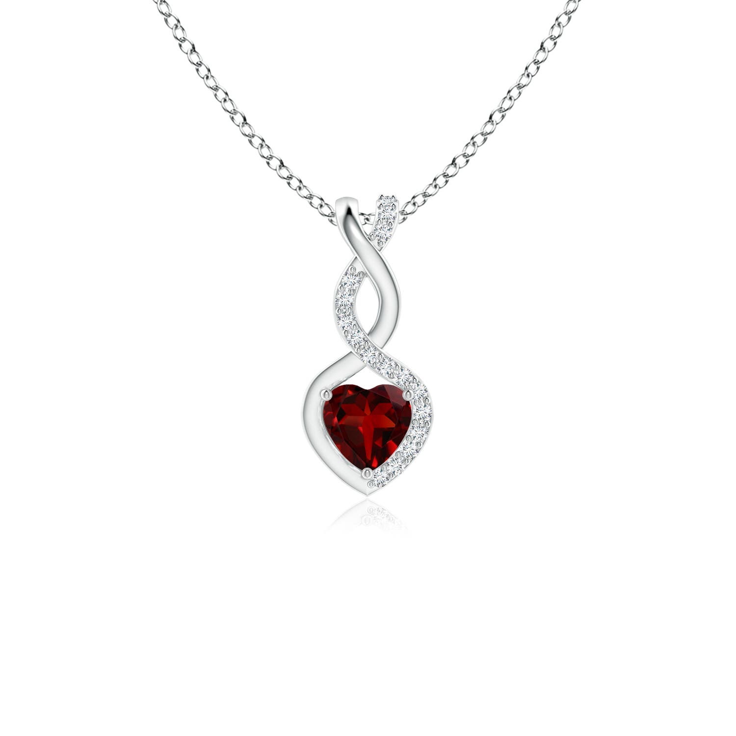 4mm AAAA Heart-Shaped Garnet Infinity Pendant with Diamond Accents in 18K White Gold