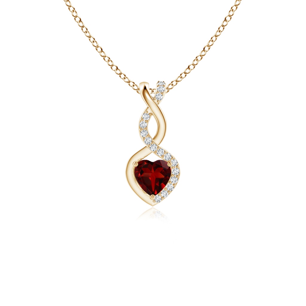 4mm AAAA Heart-Shaped Garnet Infinity Pendant with Diamond Accents in Yellow Gold