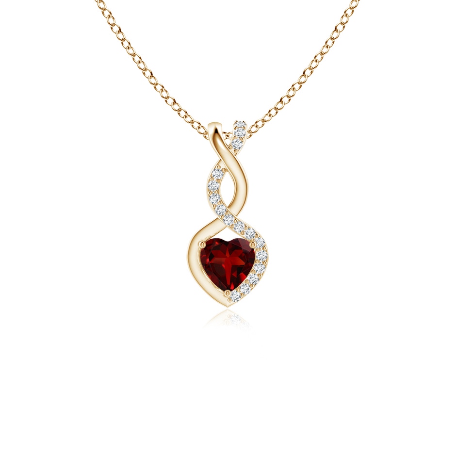 4mm AAAA Heart-Shaped Garnet Infinity Pendant with Diamond Accents in Yellow Gold 