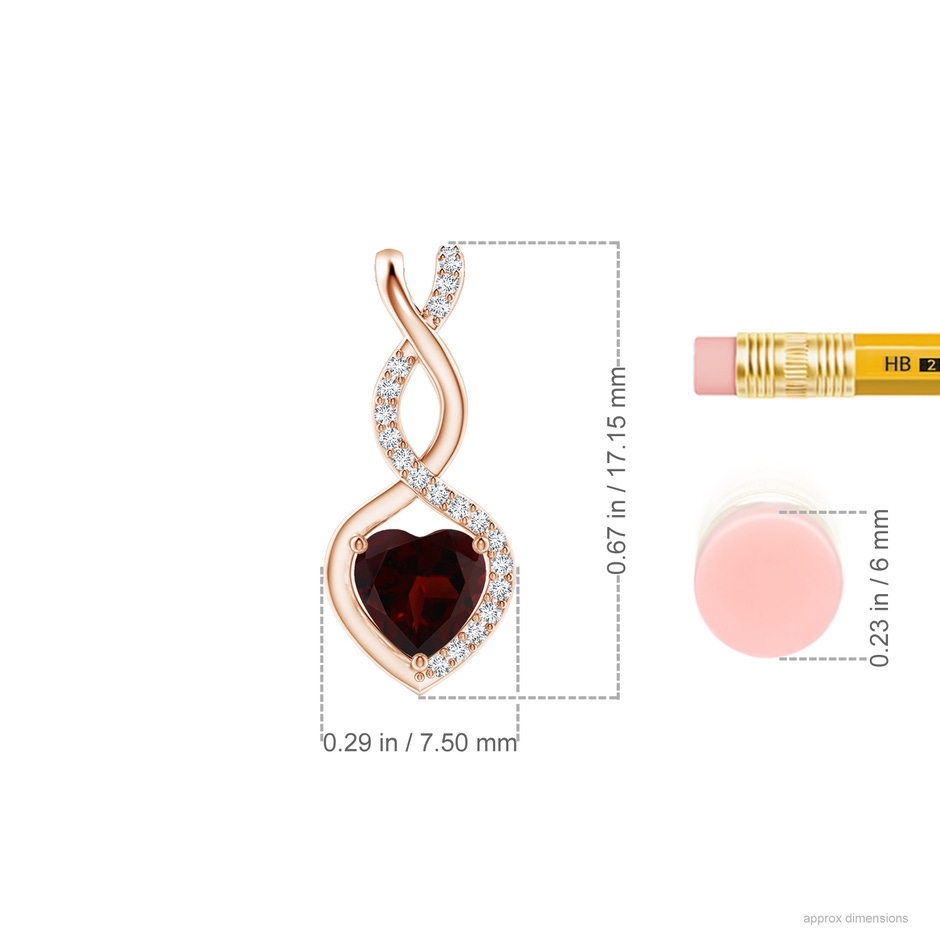 5mm A Heart-Shaped Garnet Infinity Pendant with Diamond Accents in Rose Gold ruler