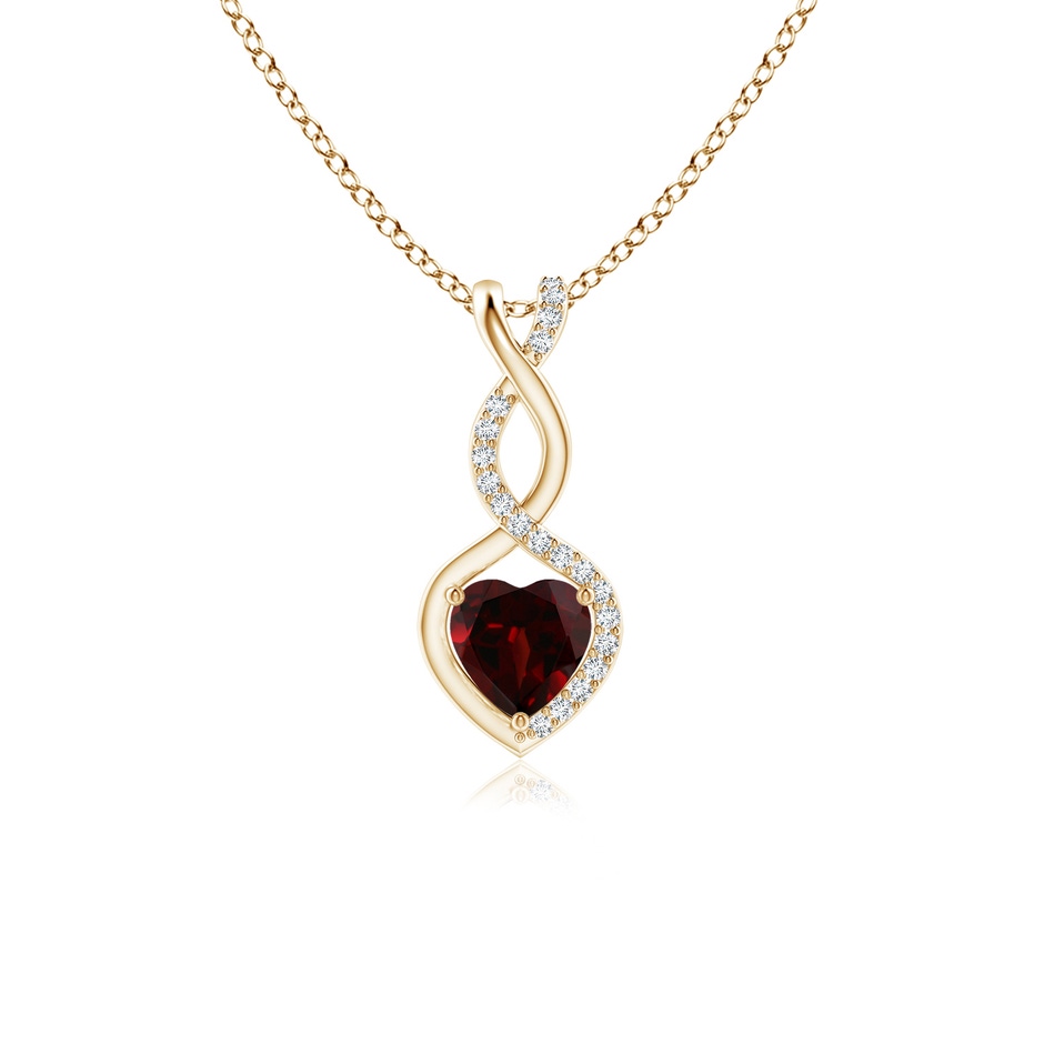 5mm AA Heart-Shaped Garnet Infinity Pendant with Diamond Accents in Yellow Gold 