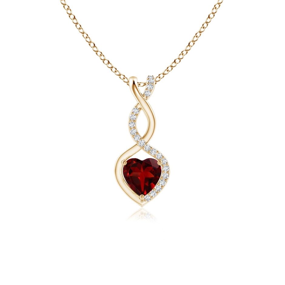 5mm AAAA Heart-Shaped Garnet Infinity Pendant with Diamond Accents in Yellow Gold 