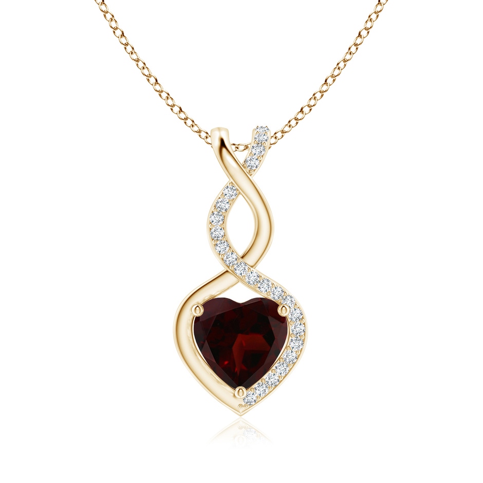 8mm A Heart-Shaped Garnet Infinity Pendant with Diamond Accents in 9K Yellow Gold 