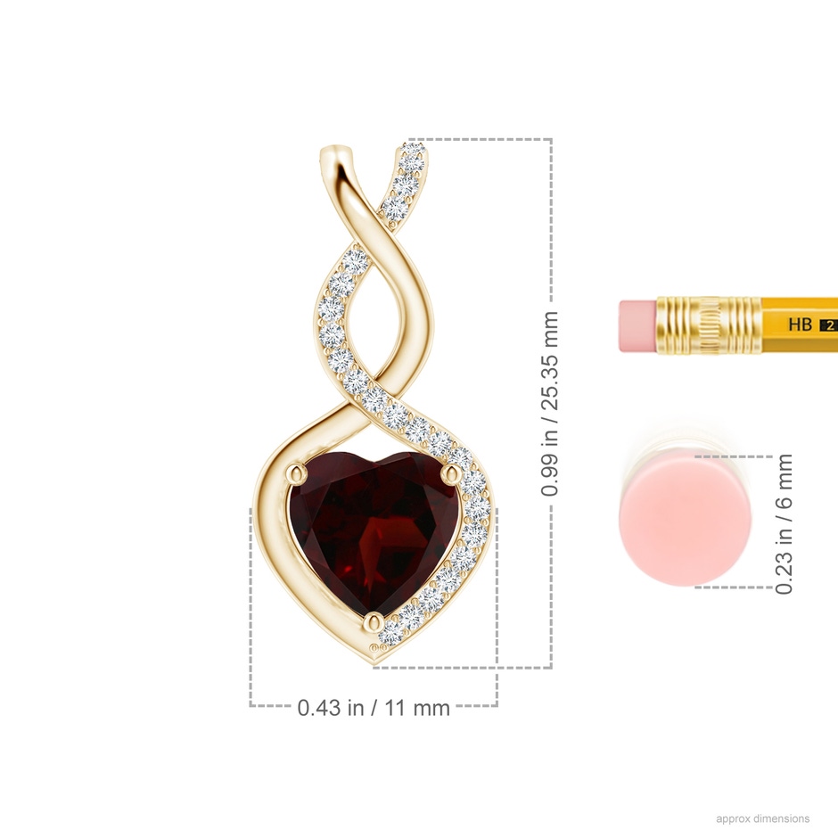 8mm A Heart-Shaped Garnet Infinity Pendant with Diamond Accents in 9K Yellow Gold ruler