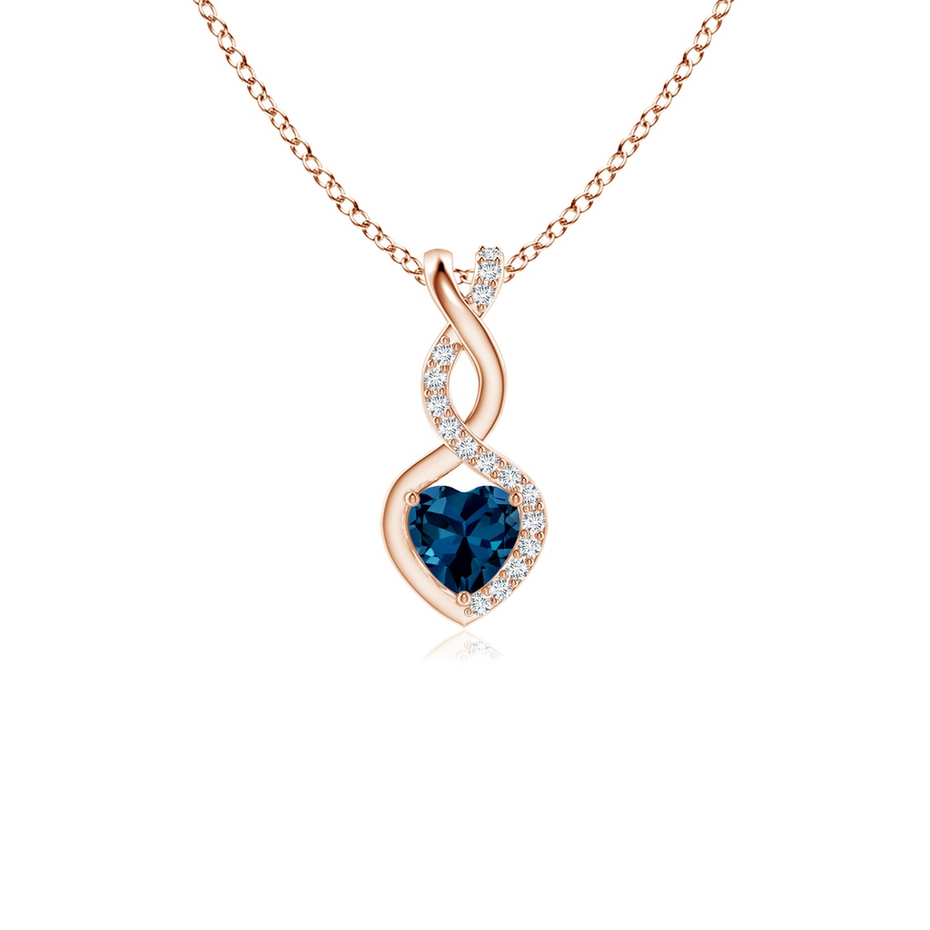 4mm AAAA London Blue Topaz Infinity Heart Pendant with Diamonds in Rose Gold