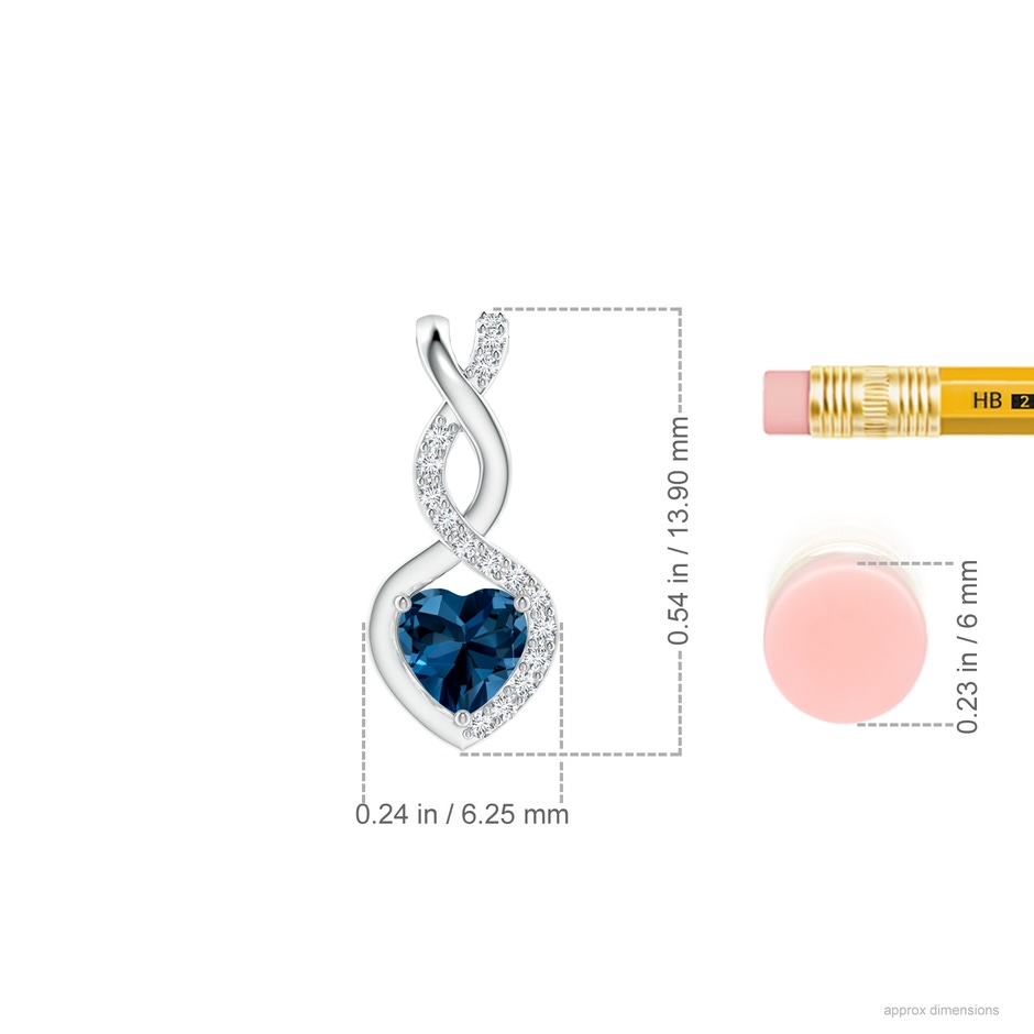 4mm AAAA Heart-Shaped London Blue Topaz Infinity Pendant with Diamond Accents in S999 Silver ruler
