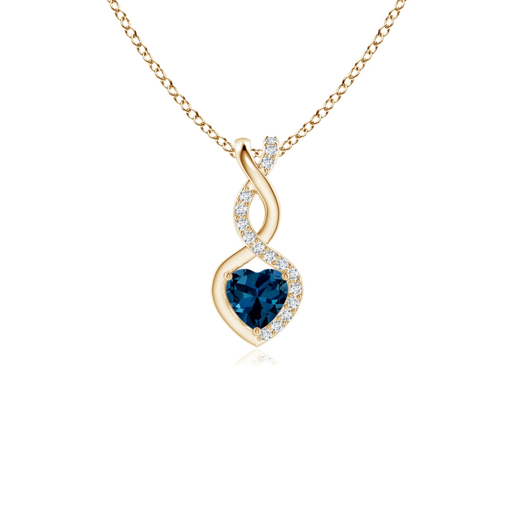 4mm AAAA London Blue Topaz Infinity Heart Pendant with Diamonds in Yellow Gold