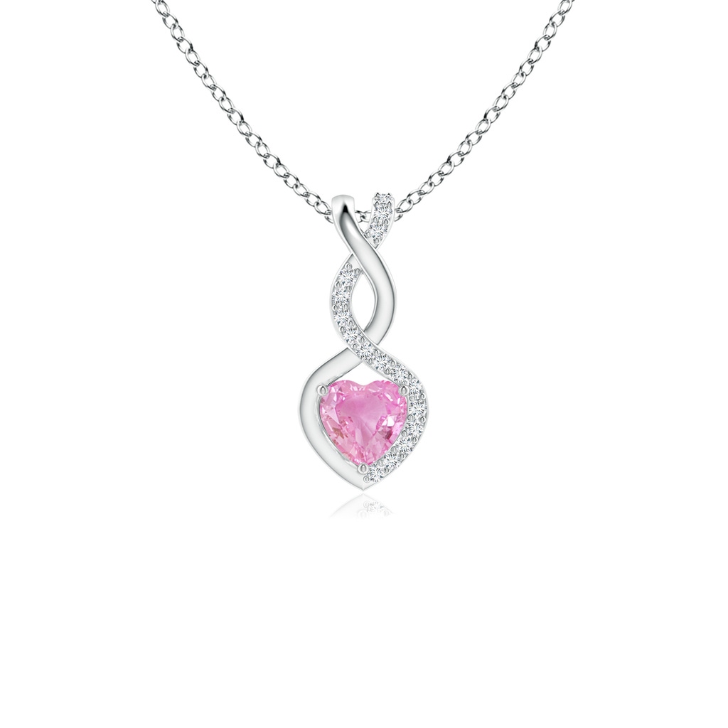 4mm A Pink Sapphire Infinity Heart Pendant with Diamonds in White Gold 