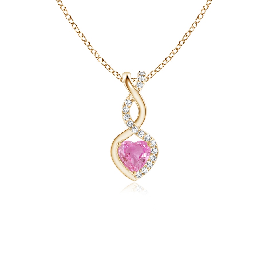 4mm AA Heart-Shaped Pink Sapphire Infinity Pendant with Diamond Accents in Yellow Gold 