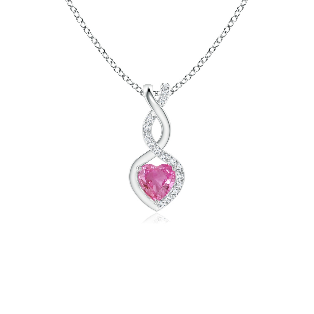 4mm AAA Pink Sapphire Infinity Heart Pendant with Diamonds in White Gold