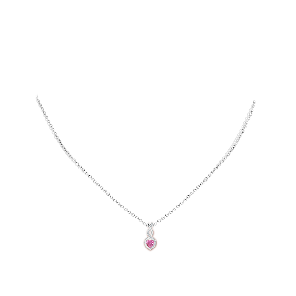 4mm AAA Pink Sapphire Infinity Heart Pendant with Diamonds in White Gold body-neck