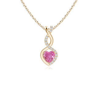 4mm AAA Pink Sapphire Infinity Heart Pendant with Diamonds in Yellow Gold