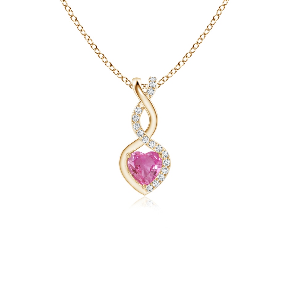 4mm AAA Heart-Shaped Pink Sapphire Infinity Pendant with Diamond Accents in Yellow Gold 