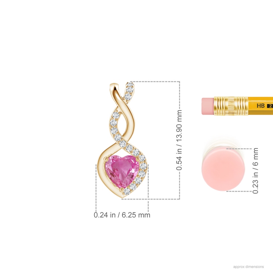 4mm AAA Heart-Shaped Pink Sapphire Infinity Pendant with Diamond Accents in Yellow Gold ruler