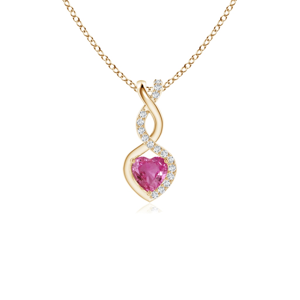 4mm AAAA Pink Sapphire Infinity Heart Pendant with Diamonds in Yellow Gold