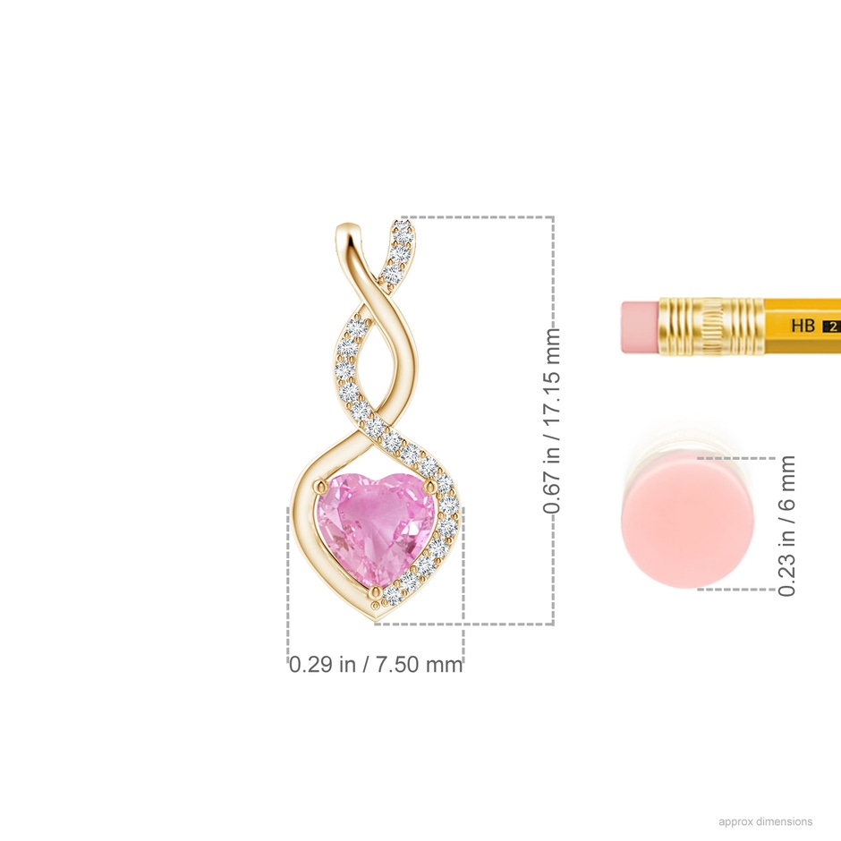 5mm A Heart-Shaped Pink Sapphire Infinity Pendant with Diamond Accents in Yellow Gold ruler