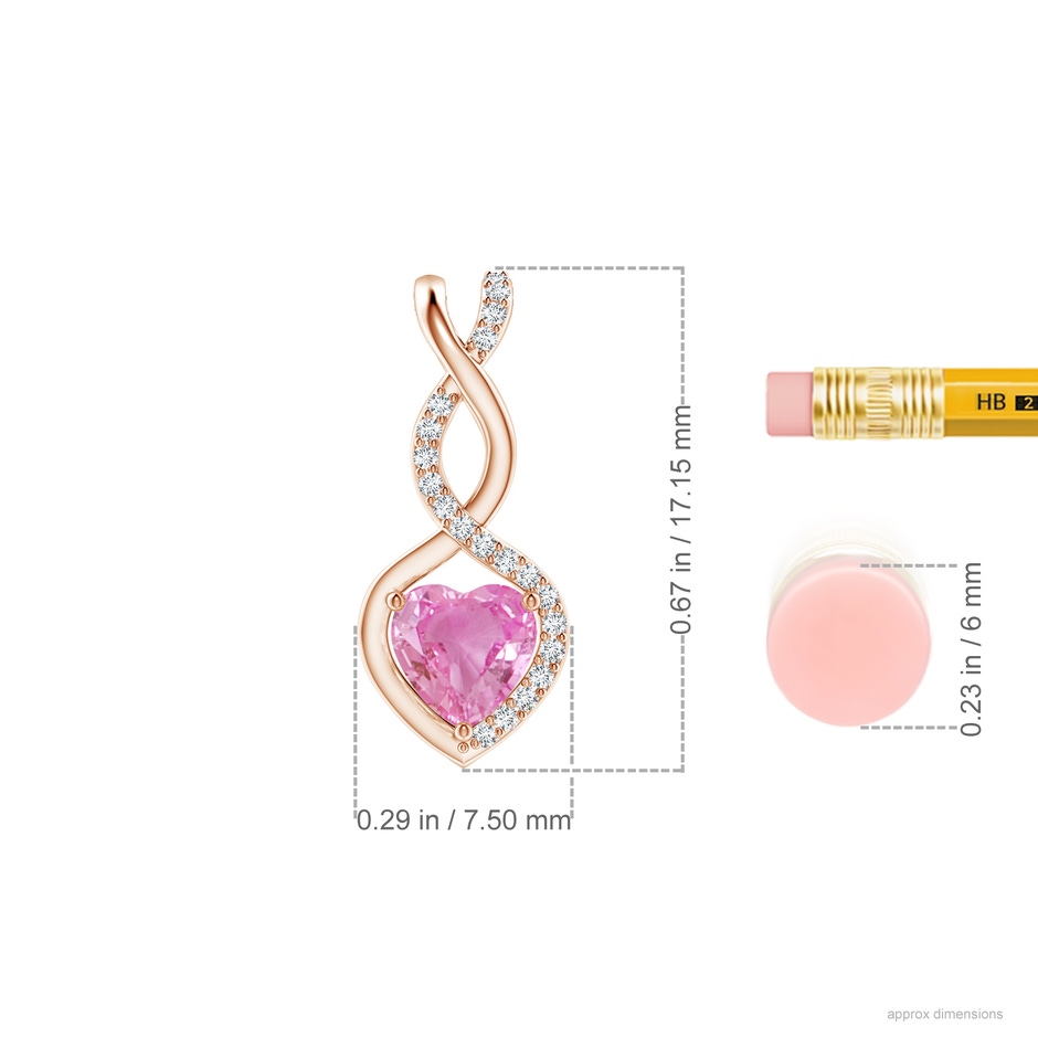 5mm AA Heart-Shaped Pink Sapphire Infinity Pendant with Diamond Accents in Rose Gold ruler