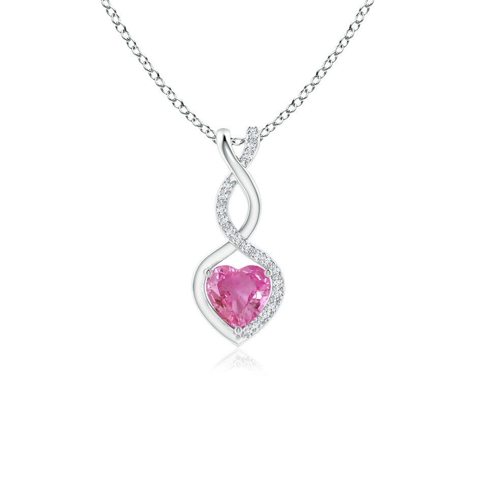 5mm AAA Heart-Shaped Pink Sapphire Infinity Pendant with Diamond Accents in 18K White Gold 
