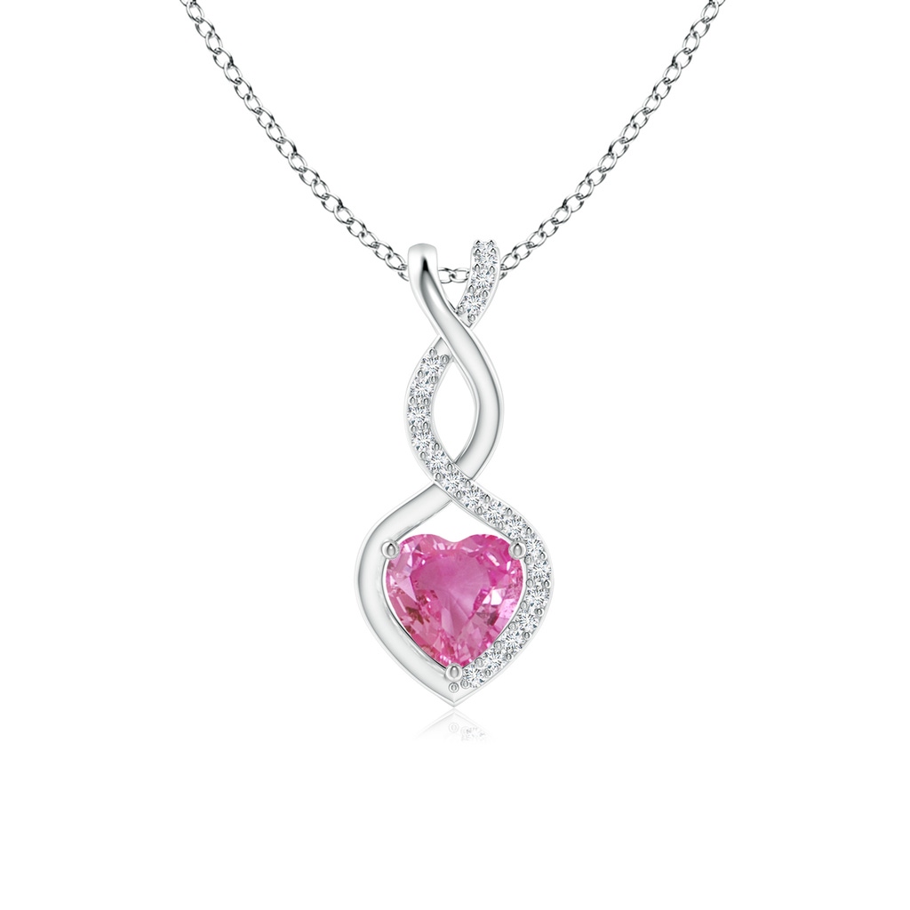 5mm AAA Pink Sapphire Infinity Heart Pendant with Diamonds in 9K White Gold
