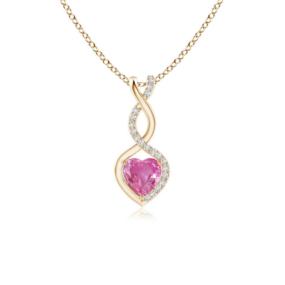 5mm AAA Heart-Shaped Pink Sapphire Infinity Pendant with Diamond Accents in Yellow Gold 
