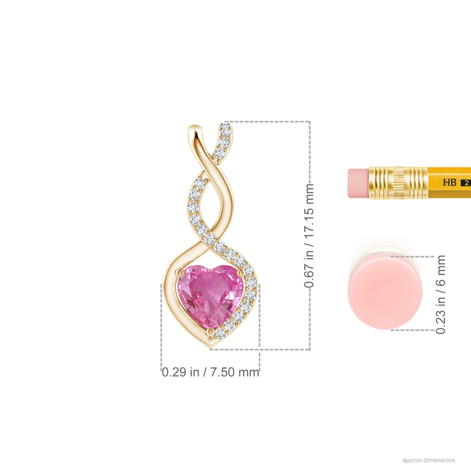 5mm AAA Heart-Shaped Pink Sapphire Infinity Pendant with Diamond Accents in Yellow Gold ruler