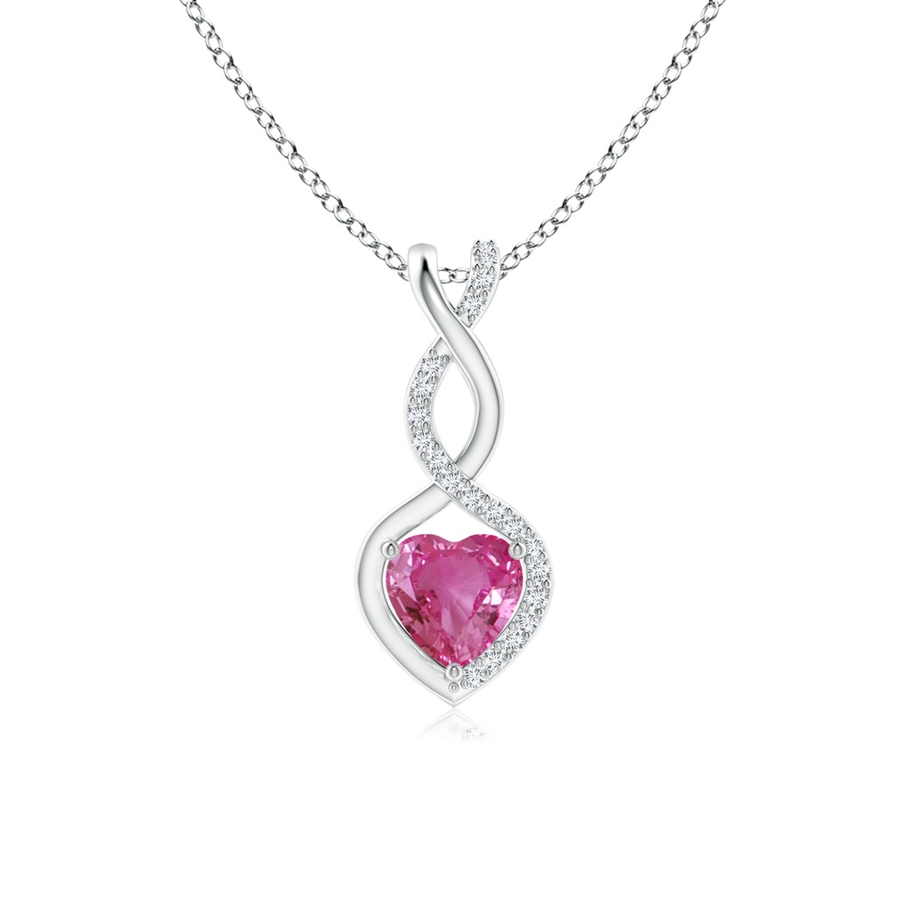 5mm AAAA Pink Sapphire Infinity Heart Pendant with Diamonds in White Gold